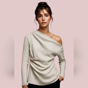 Zara Asymmetrical Neck Off Shoulder Ribbed Knit Long Sleeve Top Blouse Small